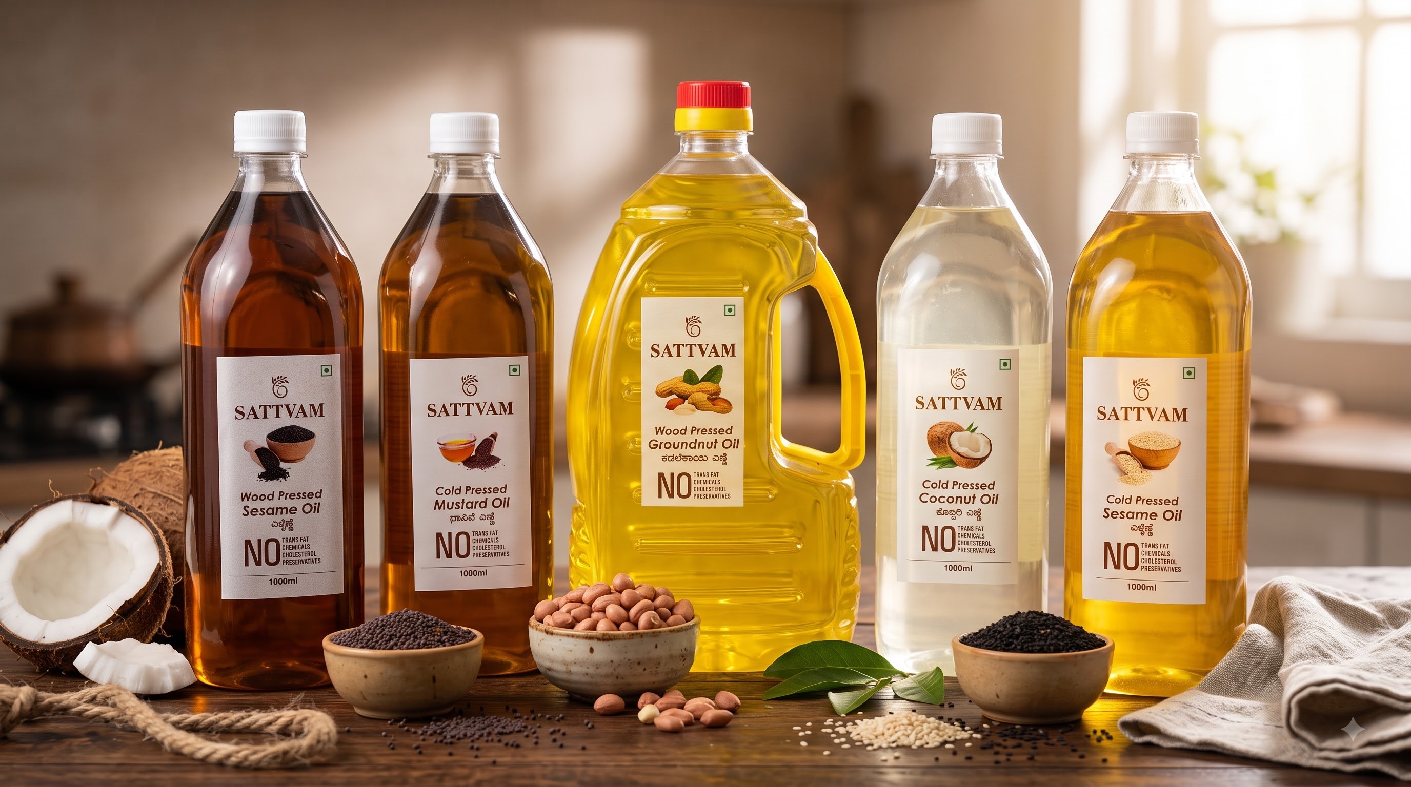 Sattvam Pure Cold Pressed Oils Lineup: Coconut, Groundnut, Mustard, Almond, and Wood Pressed Sesame Oil with raw seeds and natural coconut