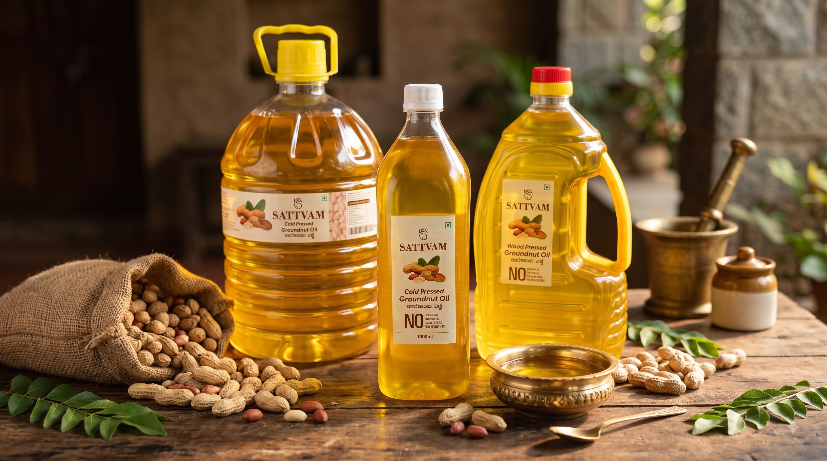 Sattvam Authentic Wood Pressed Oils and Ghee range in bottles and cans on rustic wooden table with ingredients